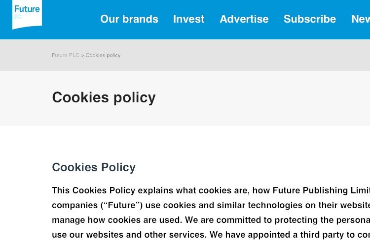 Screenshot of Future Cookies policy