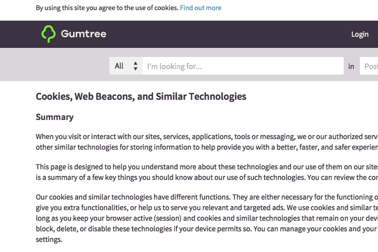 Screenshot of Gumtree cookie policy