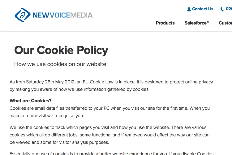 Screenshot of NewVoiceMedia Cookies Policy