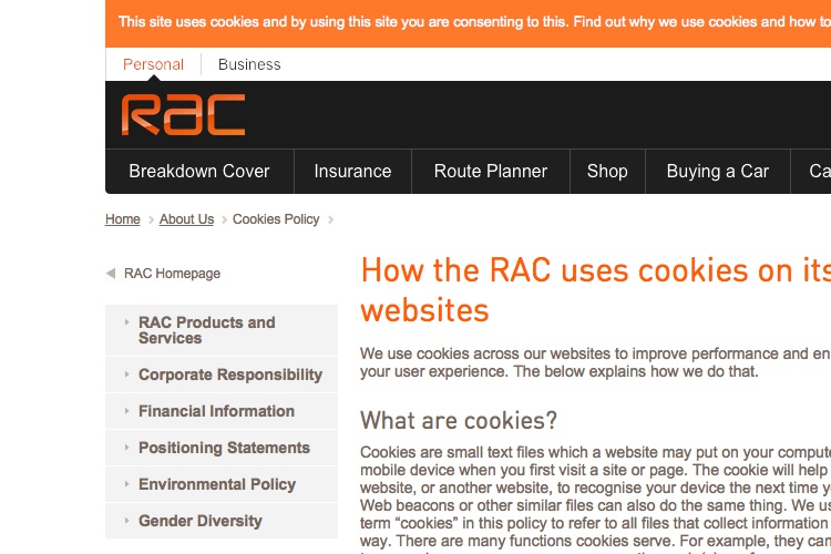 Screenshot of RAC Cookie Policy