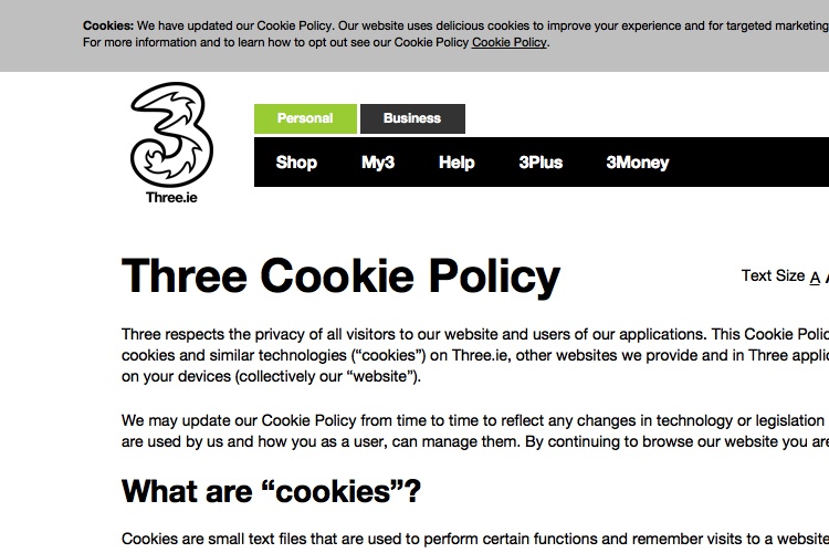 Screenshot of Three Cookie Policy