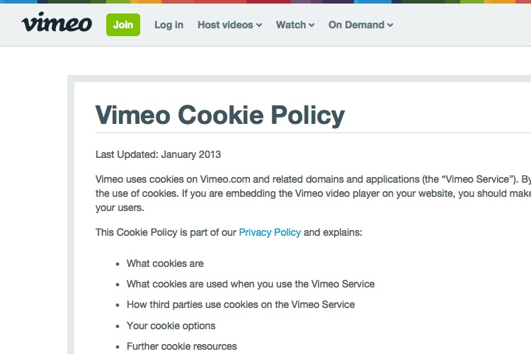 Screenshot of Vimeo Cookie Policy